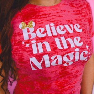 Believe In the Magic Disney Glitter Bow Pink Burnout Tee
